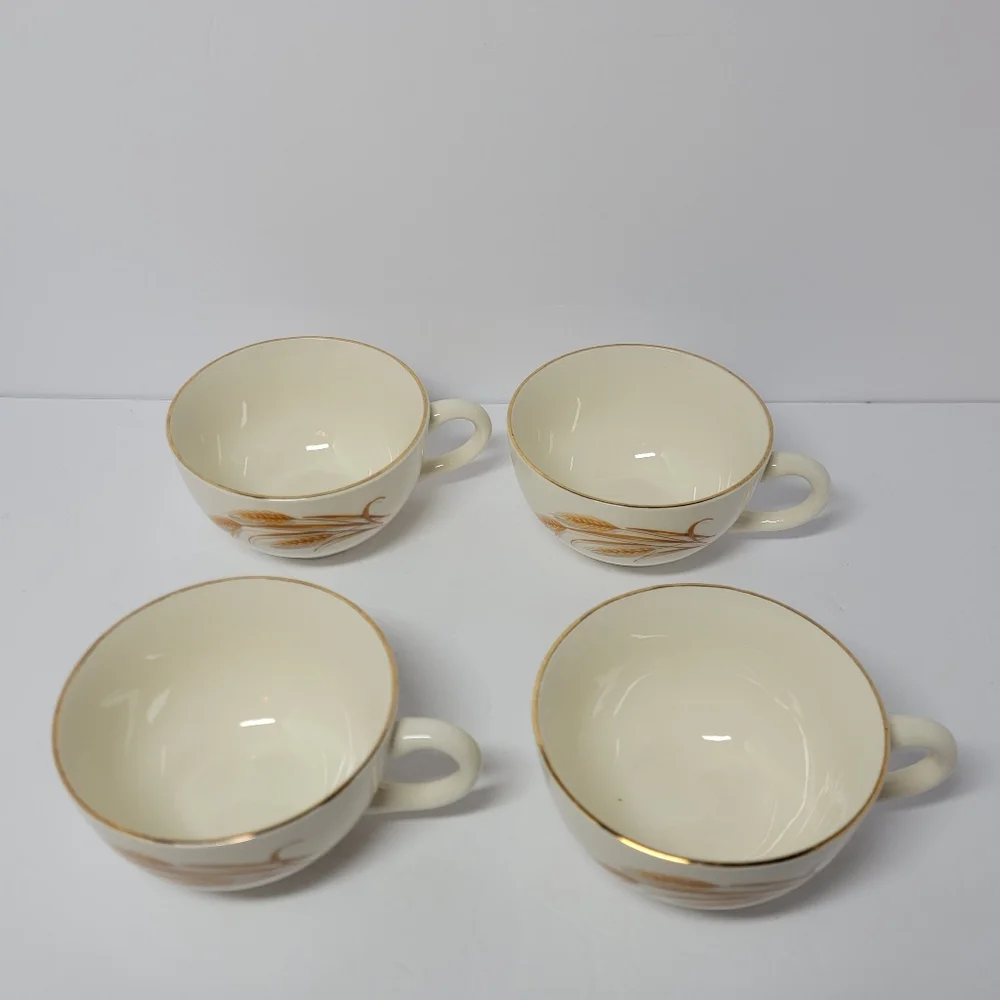 Vintage Homer Laughlin Golden Wheat Pattern Coffee Tea Cup Gold Rim Set Of 4‎